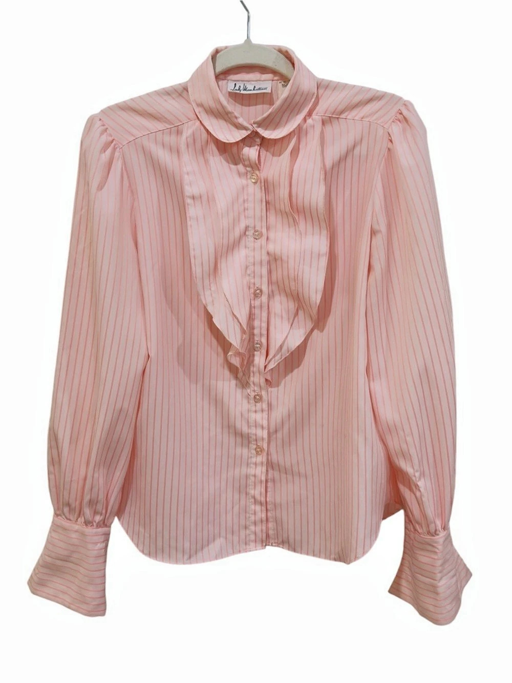Vintage Lady Manhattan Striped Ruffle Trim Blouse Pink White Size 12 Cottage